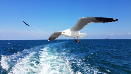 Seagull soaring over deep blue sea with boat wake and clear skies above