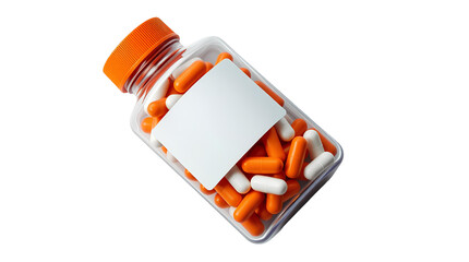 Photo of bottle filled with orange and white capsules isolated on transparent background
