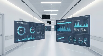 Futuristic hospital corridor with holographic displays showing medical data and health analytics in a sterile and modern environment for advanced healthcare technology and innovation