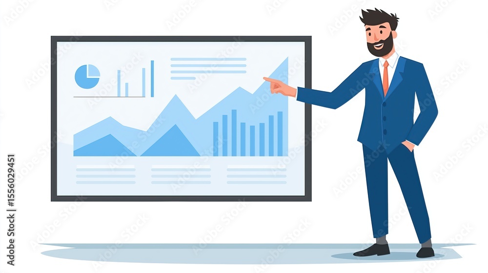 Poster businessman pointing at digital screen interface. modern tech workspace scene symbolizing innovation