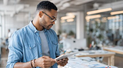 Focused employee using digital tablet in modern office - Powered by Adobe