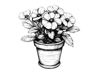 Spring flower pot vintage engraving, retro botanical sketch, blooming seasonal decor, hand-drawn nature artwork, black and white floral icon, old engraving style, garden design