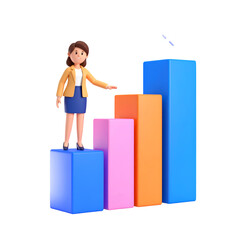 Business Growth Illustration: An illustration showing a businesswoman stands confidently atop a bar graph, symbolizing success and upward trajectory in the financial world.