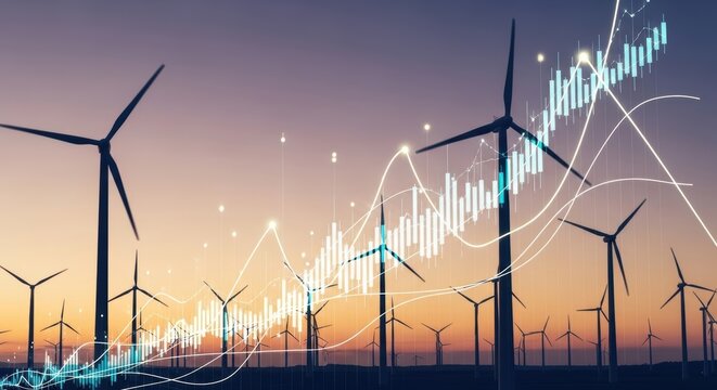 Global Wind Energy Market Growth Trends and Financial Performance Analysis Illustrated with Digital Charts and Data Visualizations Over a Wind Farm Landscape at Dusk