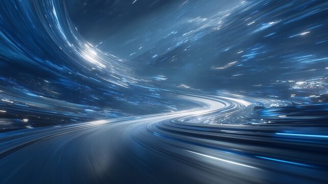 Dynamic visual of a futuristic high-speed digital highway or data stream with glowing light trails and abstract blue motion effects. - Powered by Adobe