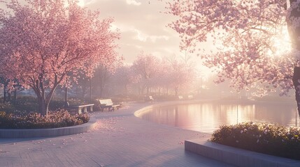A blooming cherry blossom park in spring, soft sunlight, pastel tones, cinematic atmosphere, 85mm lens, ultra realistic 
