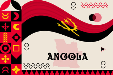 Angola banner with cultural design. Independence day design for Angola celebration. Modern neo geometric retro design with flag, map and abstract icons. Black and Red. Vector Illustration