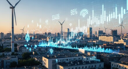 Digital Transformation Revolutionizing Smart Cities and Sustainable Energy Systems with Futuristic Data Overlays and Wind Turbines on the Horizon