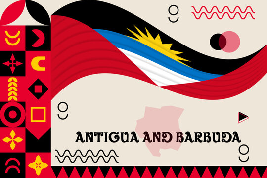 Antigua and Barbuda banner with cultural design. Independence day design for Antigua and Barbuda celebration. Modern neo geometric retro design with flag, map and abstract icons. Black and Red. Vector