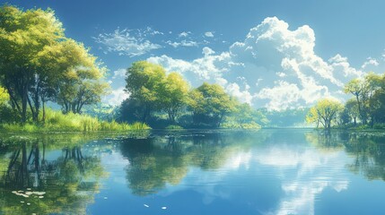 A serene lake reflects the sky and trees under fluffy clouds on a bright and sunny day scene