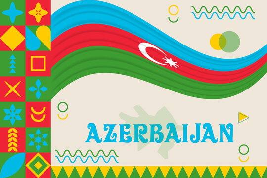 Azerbaijan banner with cultural design. Independence day design for Azerbaijan celebration. Modern neo geometric retro design with flag, map and abstract icons. Green and Red. Vector Illustration - Powered by Adobe