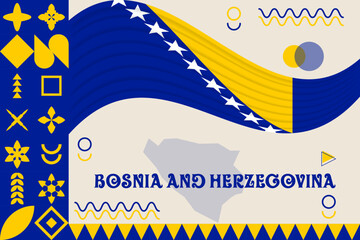 Bosnia and Herzegovina banner with cultural design. Independence day design for Bosnia and Herzegovina celebration. Modern neo geometric retro design with flag, map and abstract icons.