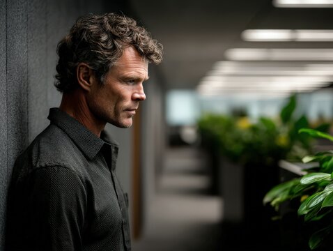 Middle aged man stands against wall in modern office