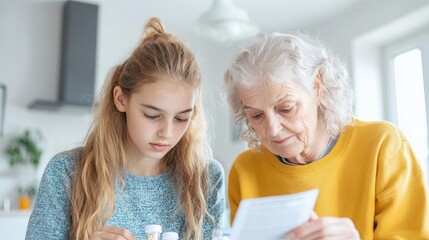 Granddaughter helping grandmother with medication review