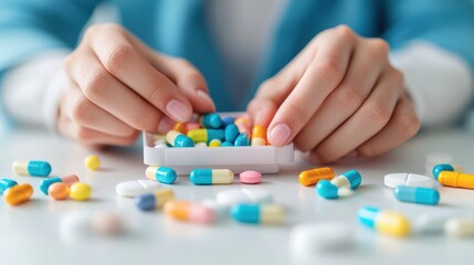 Hands gently handling colorful capsules in a pill box