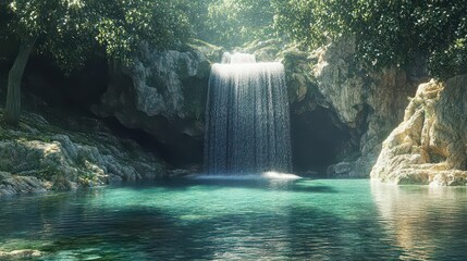 A scenic view of a waterfall cascading into a clear turquoise pool surrounded by lush greenery