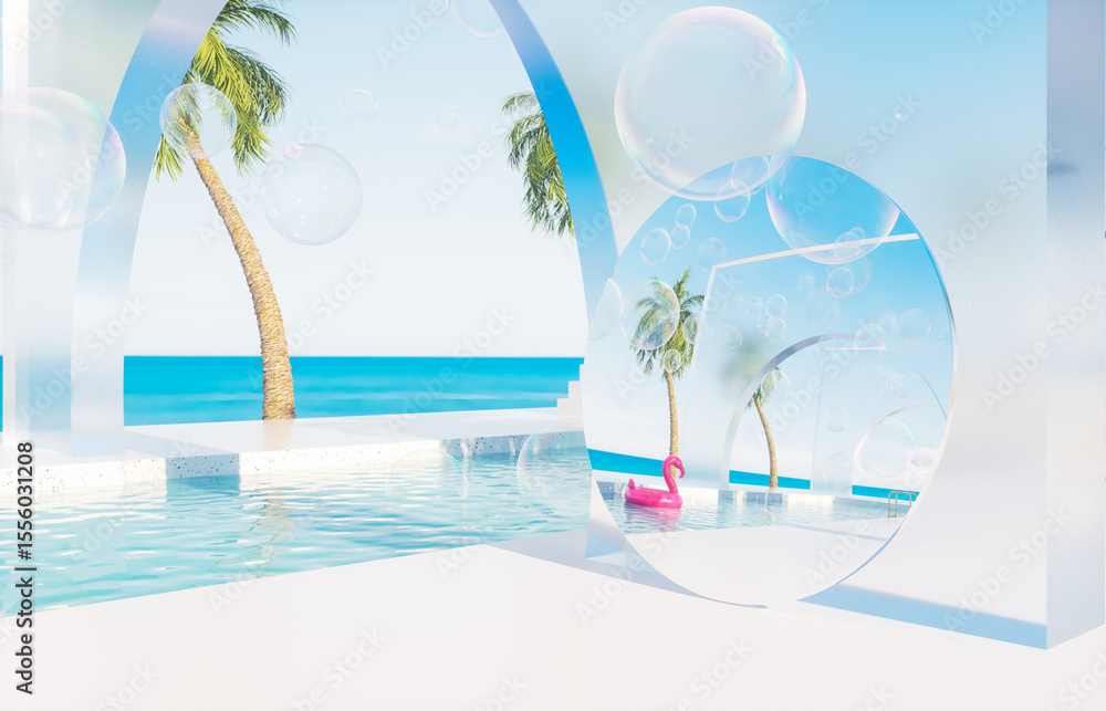 Aufkleber summer swimming pool scene with a mirror reflection the sky. 3d rendering background