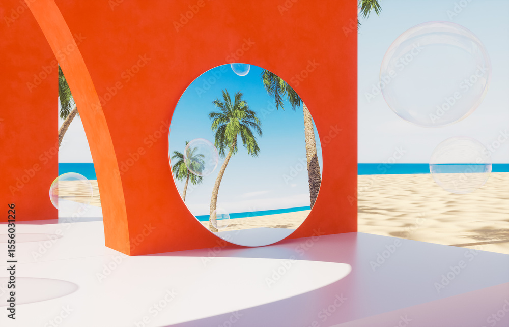 Poster summer swimming pool scene with a mirror reflection the sky. 3d rendering background