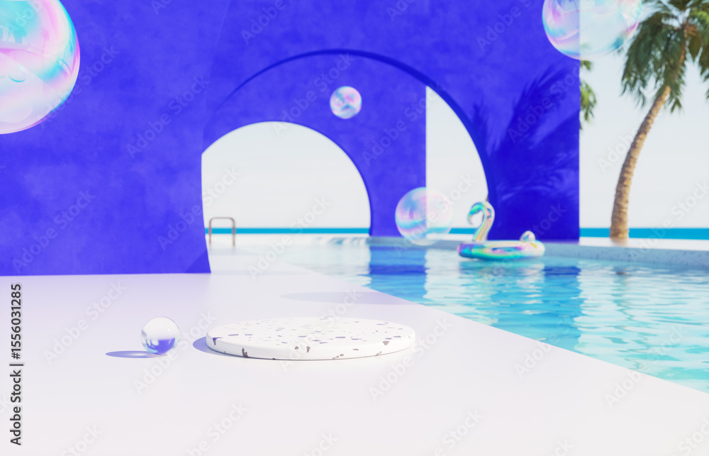 Poster summer swimming pool scene with cylinder for product display and colorful inflatable background. 3d 