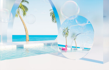 Summer swimming pool scene with a mirror reflection the sky. 3d rendering background