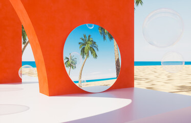 Summer swimming pool scene with a mirror reflection the sky. 3d rendering background