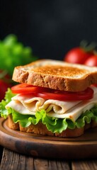 A classic turkey sandwich on toasted wheat bread with lettuce, tomato, and mayonnaise Perfect for lunch or a quick bite Delicious and simple comfort food , supper, ingredients, lettuce