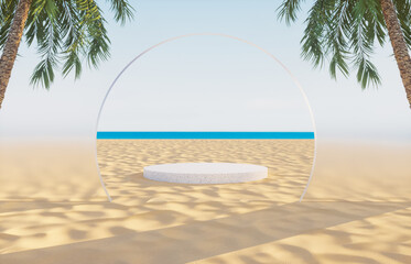 Summer beach sand scene with cylinder for product display. 3d rendering background