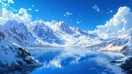 A scenic view of a calm lake reflecting snow capped mountains under a bright blue sky with clouds