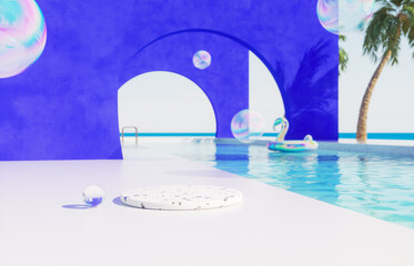 Summer swimming pool scene with cylinder for product display and colorful inflatable background. 3d rendering