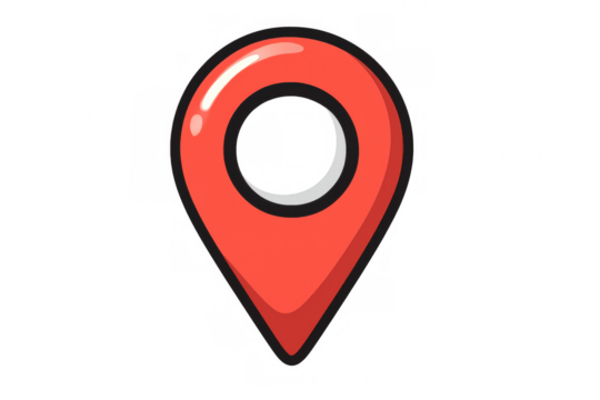 Cartoon style red location pin indicating precise coordinates on a transparent background, ideal for travel and navigation projects