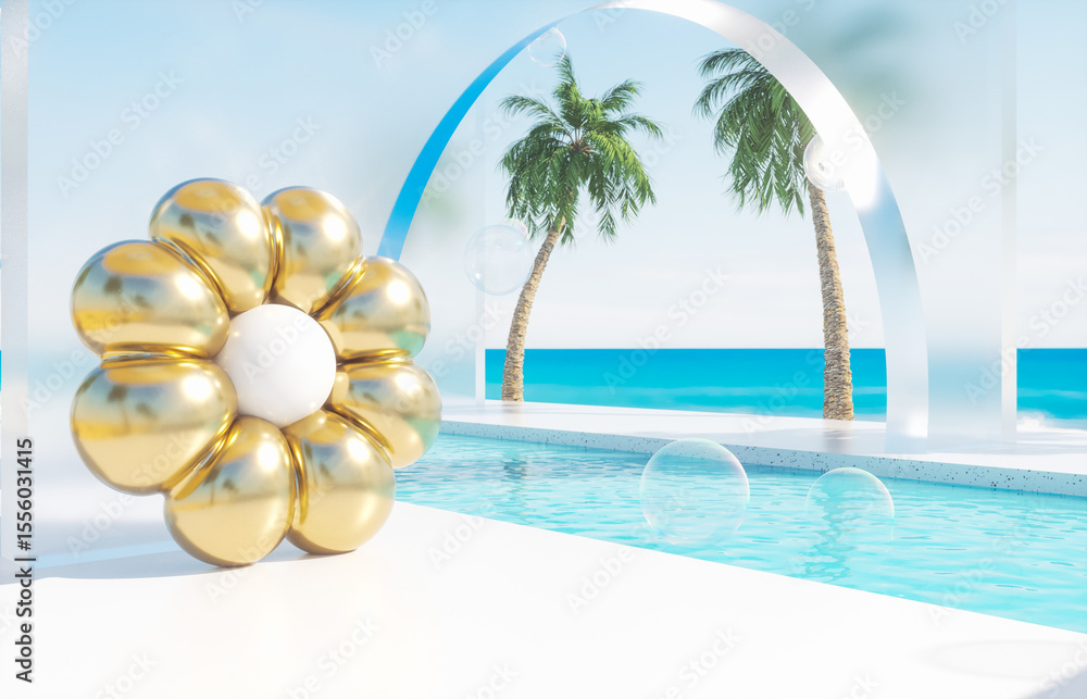 Aufkleber summer swimming pool scene with colorful inflatable. 3d rendering background