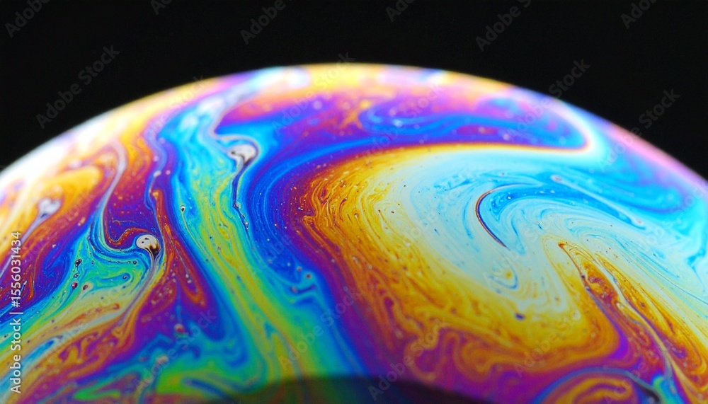 Poster a macro shot captures the mesmerizing iridescent patterns on the surface of a soap bubble, displayin