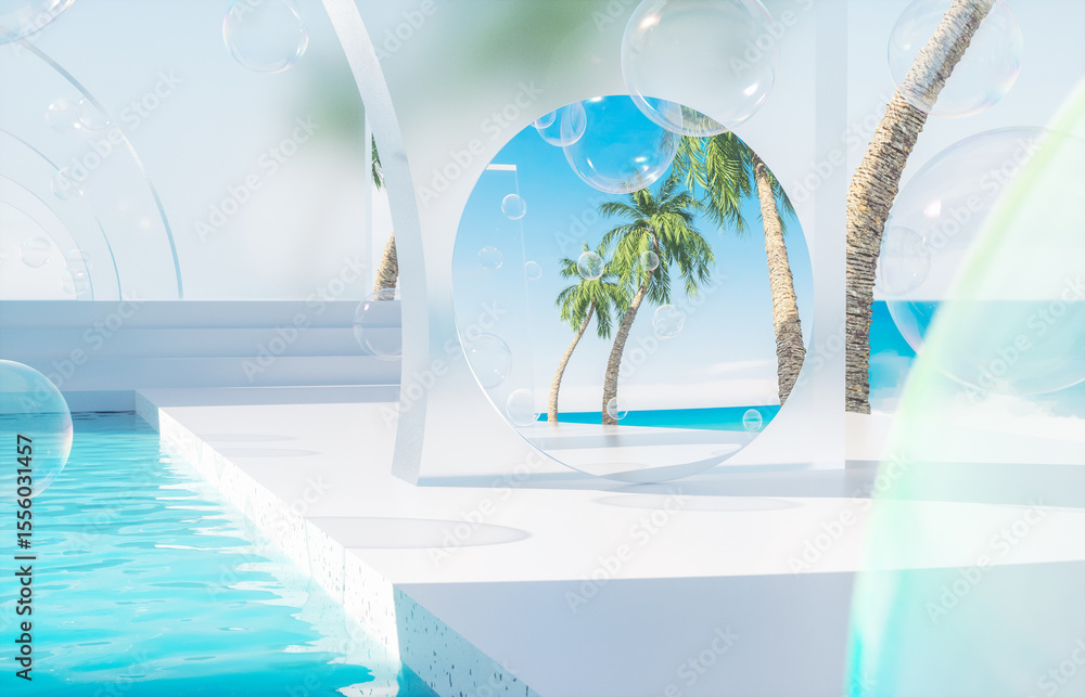 Poster summer swimming pool scene with a mirror reflection the sky. 3d rendering background