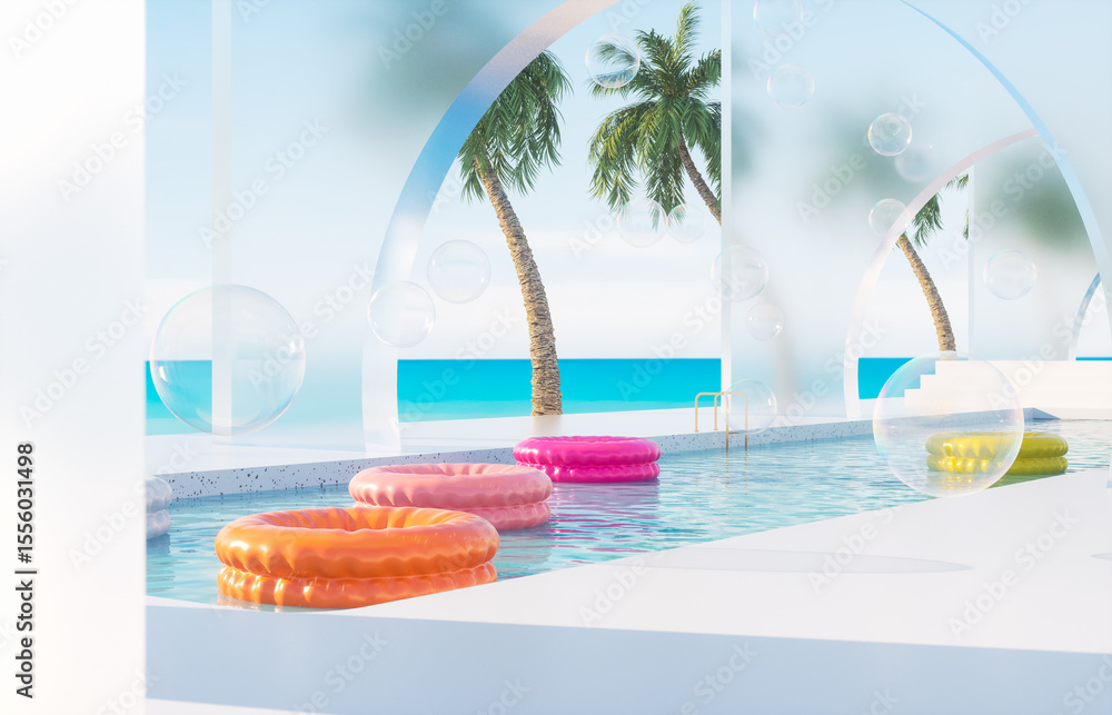 Aufkleber summer swimming pool scene with colorful inflatable. 3d rendering background
