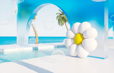 Summer swimming pool scene with colorful inflatable. 3d rendering background