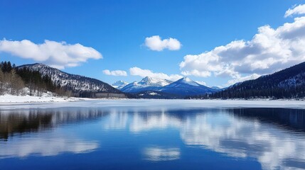 Calm lake reflecting snowy mountains and cloudy sky on a bright sunny day in a winter landscape