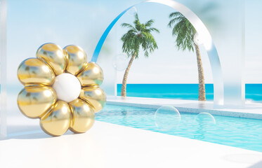 Summer swimming pool scene with colorful inflatable. 3d rendering background