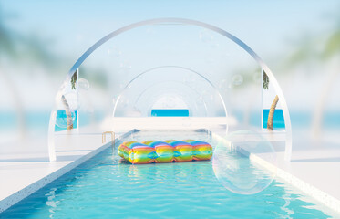 Summer swimming pool scene with colorful inflatable for product display. 3d rendering background