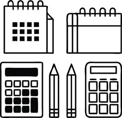 Calculators, calendars, colored pencils, correction fluid, craft paper icon