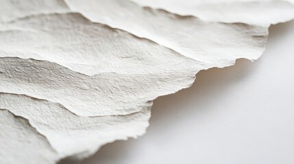 Close up of layered white textured paper with rough edges on a white background surface view