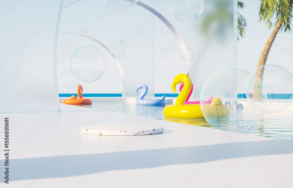 Poster summer swimming pool scene with cylinder for product display and colorful inflatable background. 3d 
