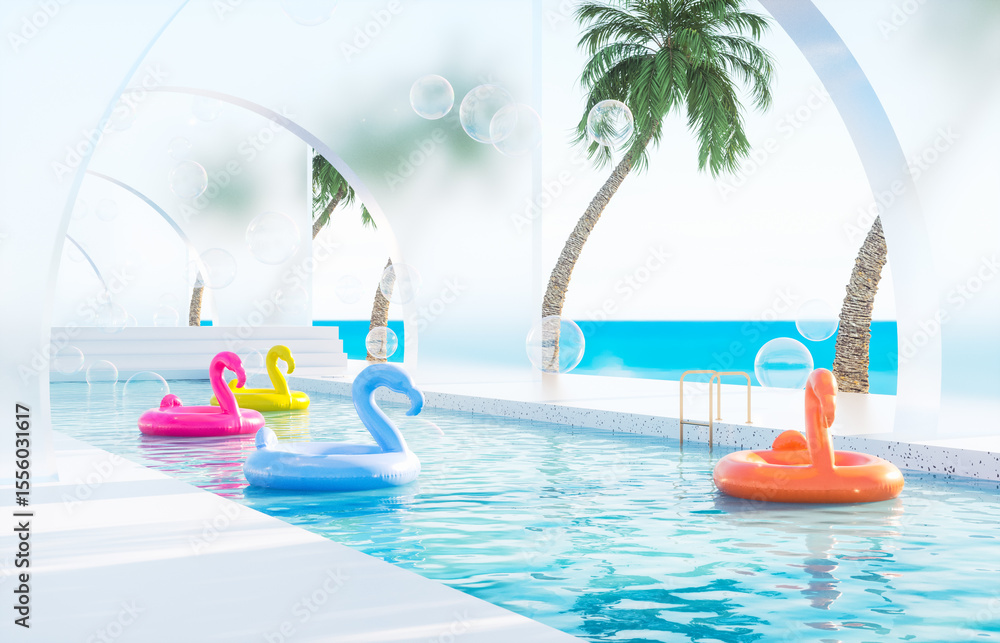 Aufkleber summer swimming pool scene with colorful inflatable. 3d rendering background