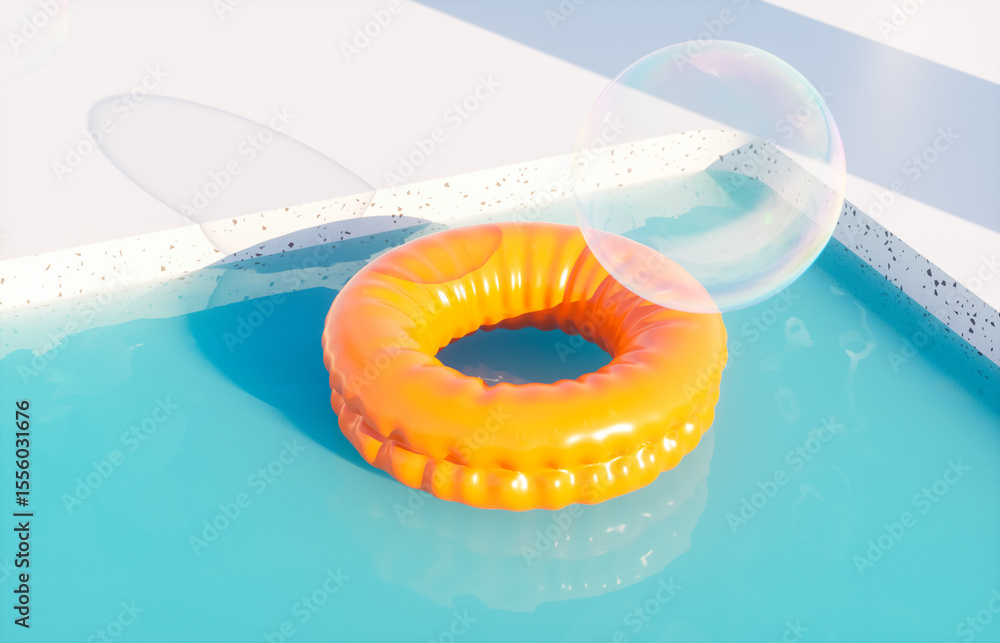 Poster summer swimming pool scene with colorful inflatable for product display. 3d rendering background