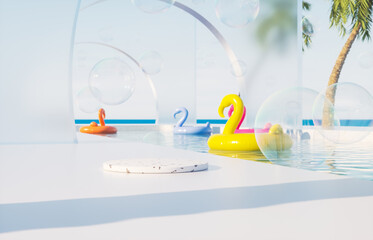 Summer swimming pool scene with cylinder for product display and colorful inflatable background. 3d rendering
