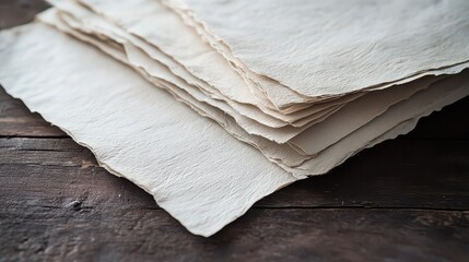 A stack of rough edged paper sheets on a dark wooden surface creating a textured and layered effect