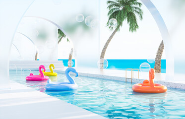 Summer swimming pool scene with colorful inflatable. 3d rendering background
