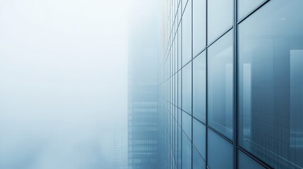 View of a modern glass building disappearing into a thick fog on a cloudy and overcast day