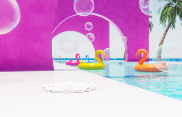 Summer swimming pool scene with cylinder for product display and colorful inflatable background. 3d rendering