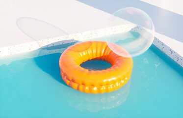 Summer swimming pool scene with colorful inflatable for product display. 3d rendering background