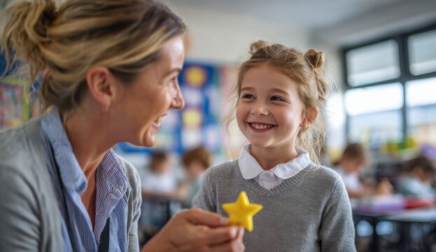 A teacher rewards a smiling student with a star-shaped treat in a bright classroom.